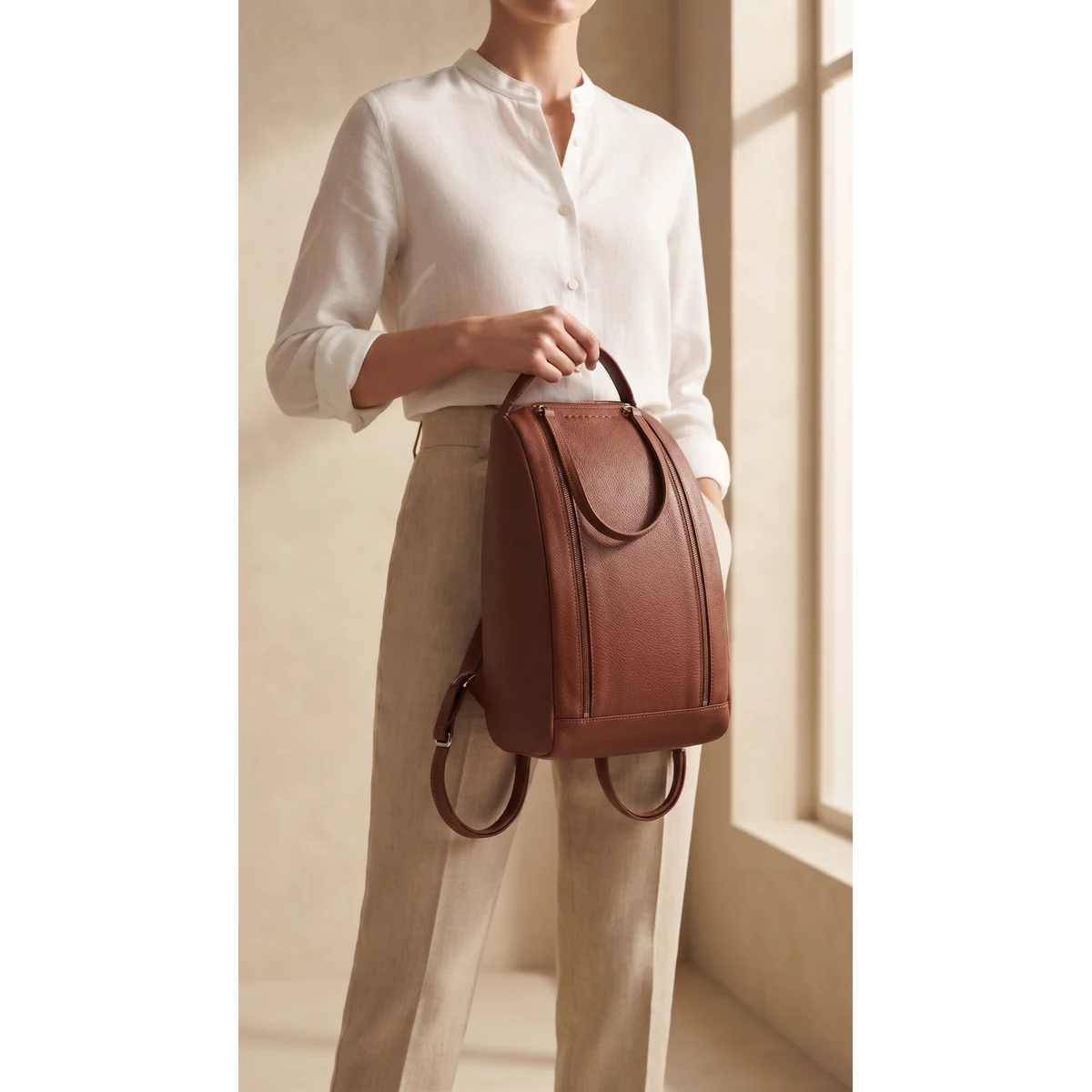 Modelo sosteniendo bolso mochila Chiarini 01A4910 de la colección Primavera Verano 2026/27
